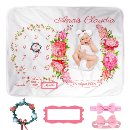 Paturica Aniversara Milestone, Personalizata cu nume fetita, 100x150cm, Cadou proaspete mamici, Cadou bebelusi, Roze