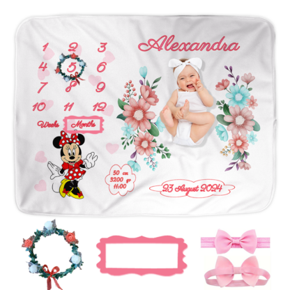 Paturica Aniversara Milestone, Personalizata cu nume fetita, 100x150cm, Cadou proaspete mamici, Cadou bebelusi, Coronita flori, Minnie