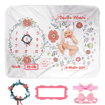Paturica Aniversara Milestone, Personalizata cu nume fetita, 100x150cm, Cadou proaspete mamici, Cadou bebelusi, Coronita flori, Maci