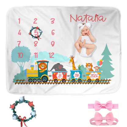 Paturica Aniversara Milestone, Personalizata cu nume fetita, 100x150cm, Cadou proaspete mamici, Cadou bebelusi, Trenuleț