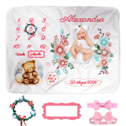 Paturica Aniversara Milestone, Personalizata cu nume fetita, 100x150cm, Cadou proaspete mamici, Cadou bebelusi, Coronita flori, Ursuleț