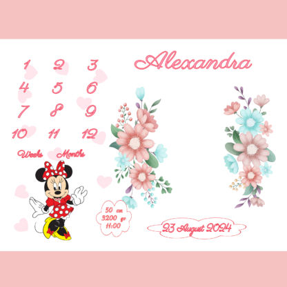 Paturica Aniversara Milestone, Personalizata cu nume fetita, 100x150cm, Cadou proaspete mamici, Cadou bebelusi, Coronita flori, Minnie - imagine 2