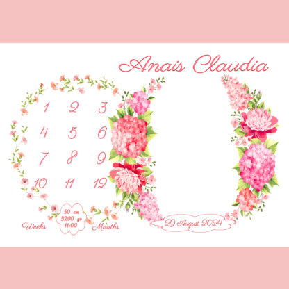Paturica Aniversara Milestone, Personalizata cu nume fetita, 100x150cm, Cadou proaspete mamici, Cadou bebelusi, Roze - imagine 2