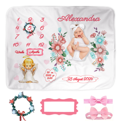 Paturica Aniversara Milestone, Personalizata cu nume fetita, 100x150cm, Cadou proaspete mamici, Cadou bebelusi, Coronita flori, Îngeraș