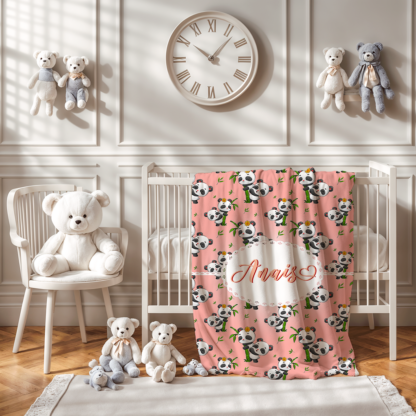 Pătură personalizată cu nume si decor, fetițe, 100x150cm, Cadou nou-nascuți, Pătură pătuț, Panda roz