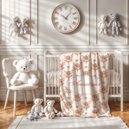 Pătură personalizată cu nume si decor, fetițe, 100x150cm, Cadou nou-nascuți, Pătură pătuț, Zâna