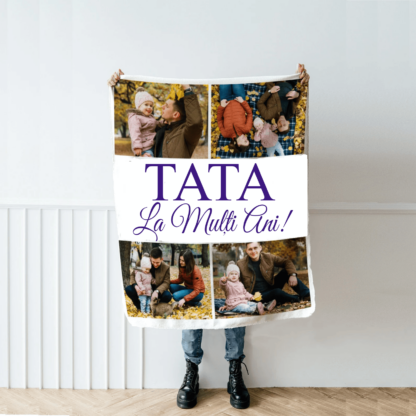 Patura personalizată cu fotografii memorabile, Colaj foto cu sau fara text, 100x150cm, Cadou bunici, Cadou tata, mama, Cadou nași, Cadou familie, Cadou prieteni, Cadou aniversare, La mulți ani Tata