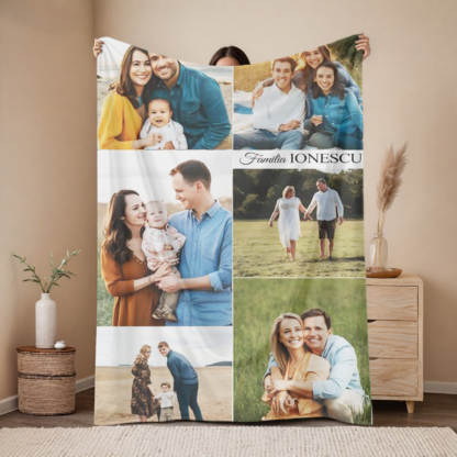 Patura personalizată cu fotografii memorabile, Colaj foto cu sau fara text, 100x150cm, Cadou bunici, Cadou tata, mama, Cadou nași, Cadou familie, Cadou prieteni, Cadou aniversare, Familia