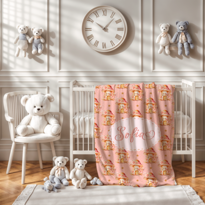 Pătură personalizată cu nume si decor, fetițe, 100x150cm, Cadou nou-nascuți, Pătură pătuț, Ciupercuță
