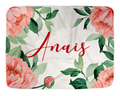 Pătură personalizată cu nume si decor, fetițe, Cadou nou-nascuți, Pătură pătuț, Bujori