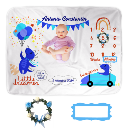 Paturica Aniversara Milestone, Personalizata cu nume baiat, 100x150cm, Cadou proaspete mamici, Cadou bebelusi, Blue