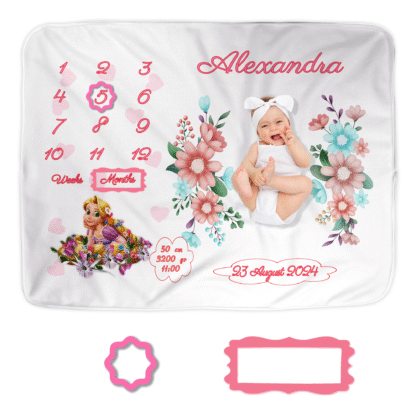 Paturica Aniversara Milestone, Personalizata cu nume fetita, 100x150cm, Cadou proaspete mamici, Cadou bebelusi, Coronita flori, Prințesă